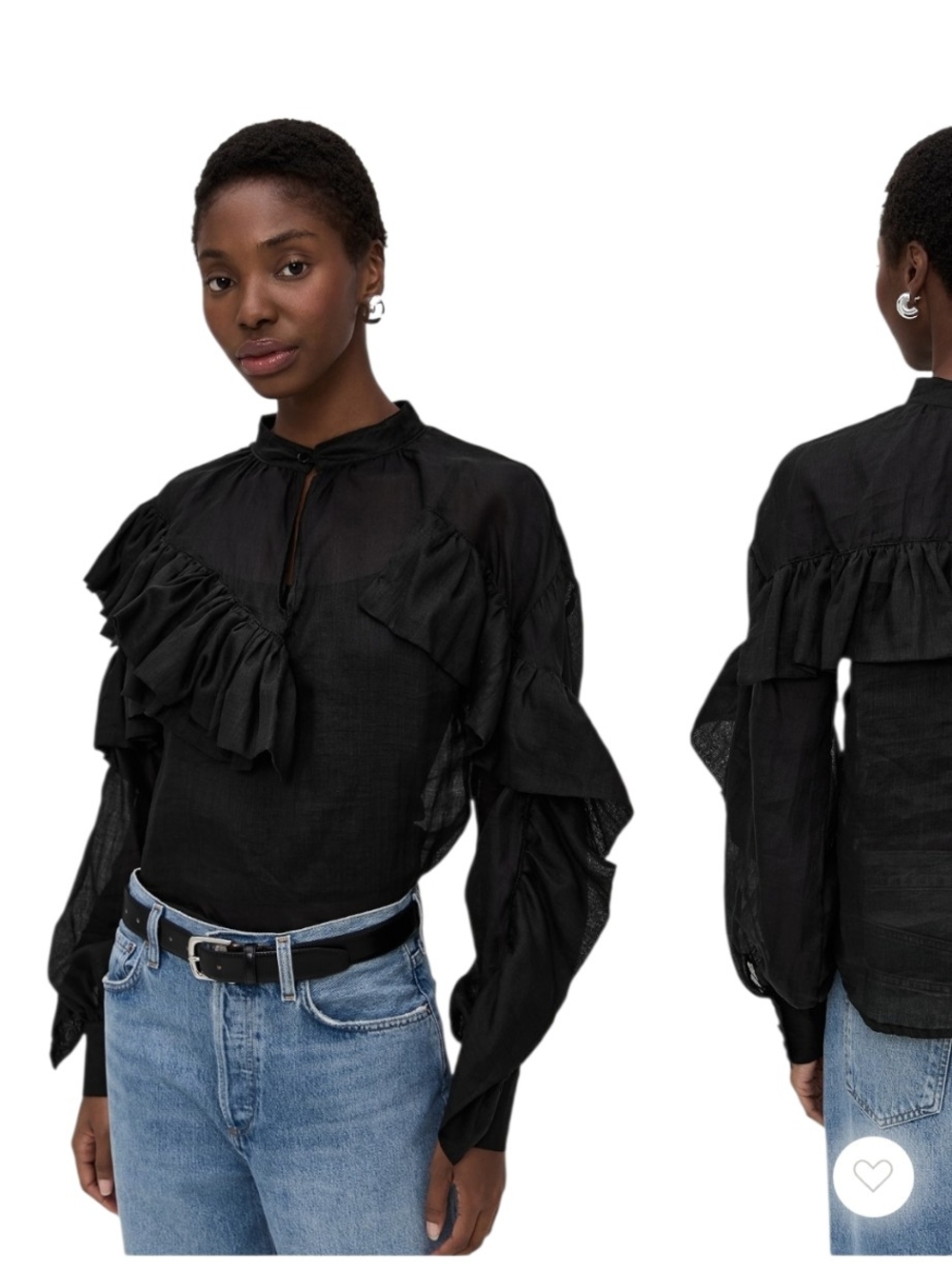 Anthropologie Chaos Petal Linen Ruffle Long-Sleeve Blouse In Black